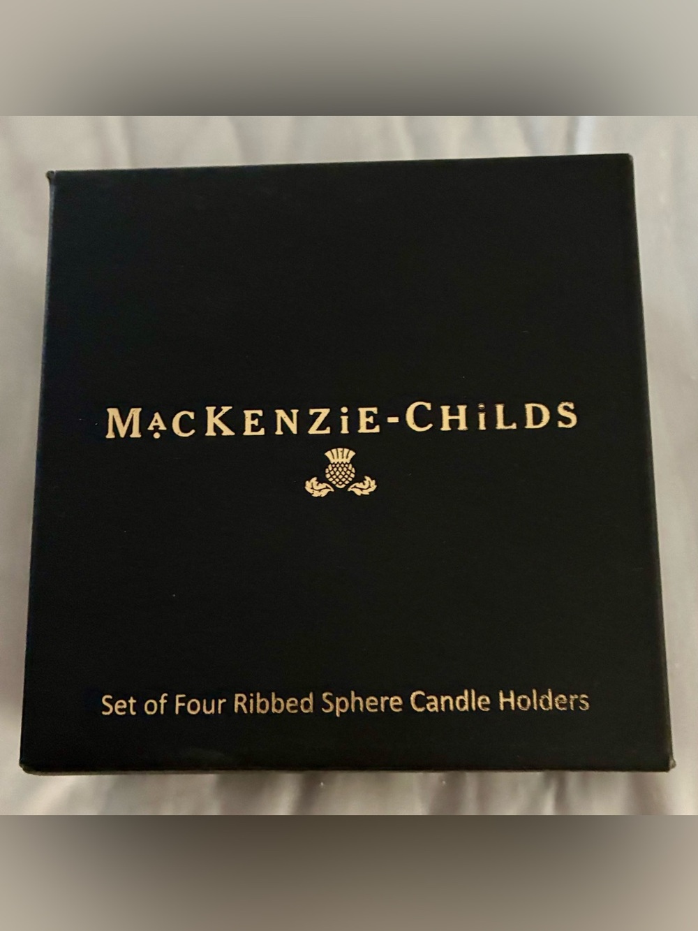 MacKenzie-Childs Navy Check Candles & Silver Ribbed Sphere Holders-RETIRED
